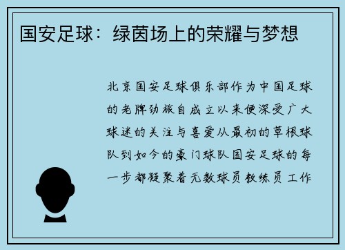 国安足球：绿茵场上的荣耀与梦想
