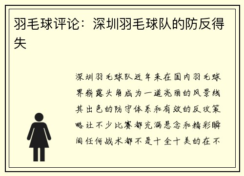 羽毛球评论：深圳羽毛球队的防反得失