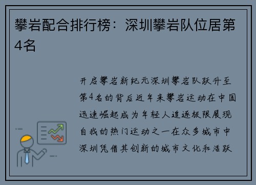攀岩配合排行榜：深圳攀岩队位居第4名