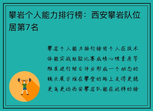 攀岩个人能力排行榜：西安攀岩队位居第7名